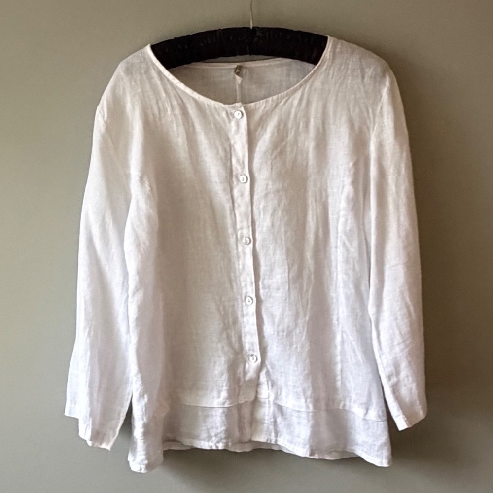 Italian Linen Blouse Made in Italy Layered Hem Button Front Size Large